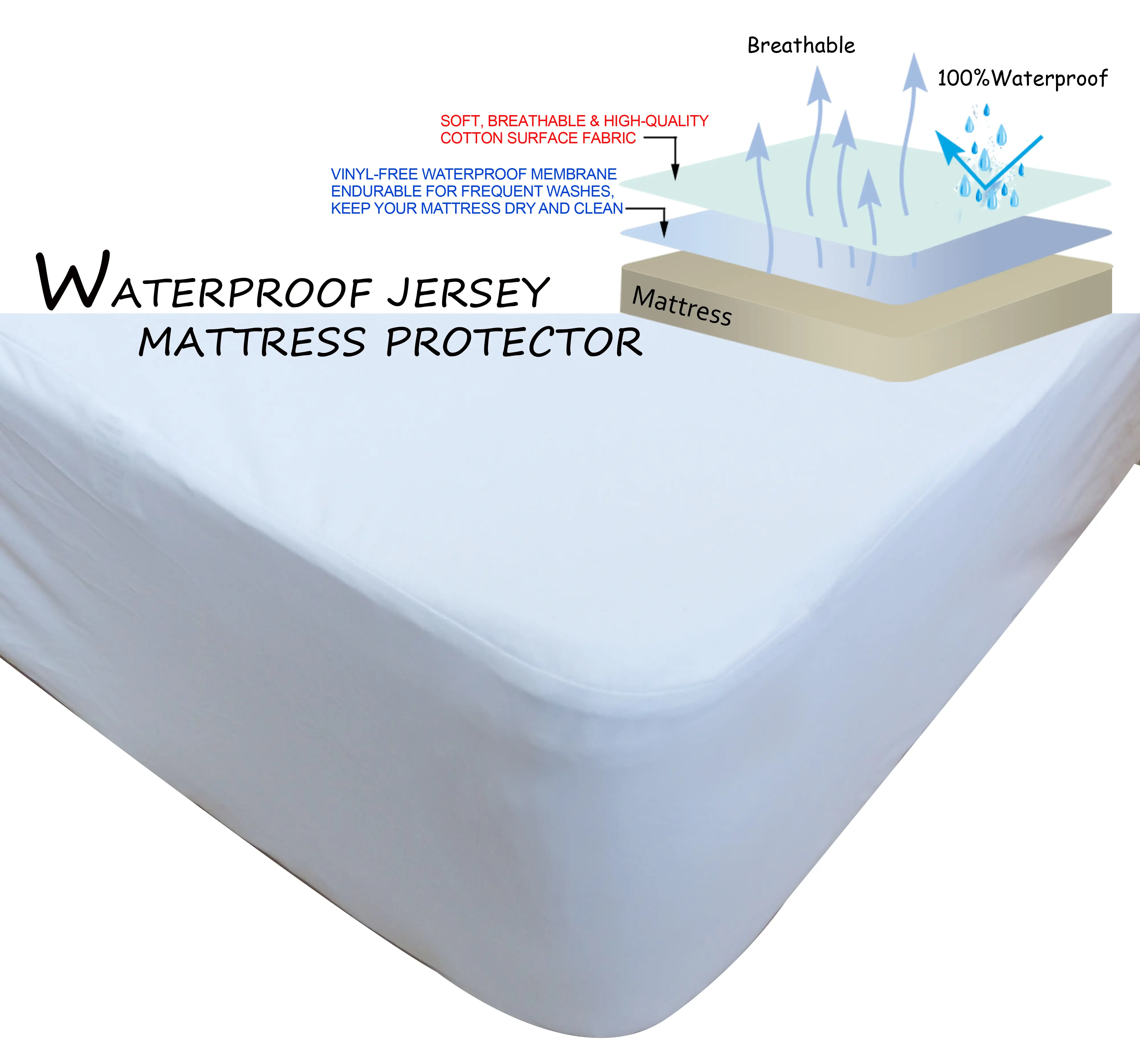 100% Jersey Cotton Waterproof Mattress Protector Cover Pillowcase With TPU Lamination